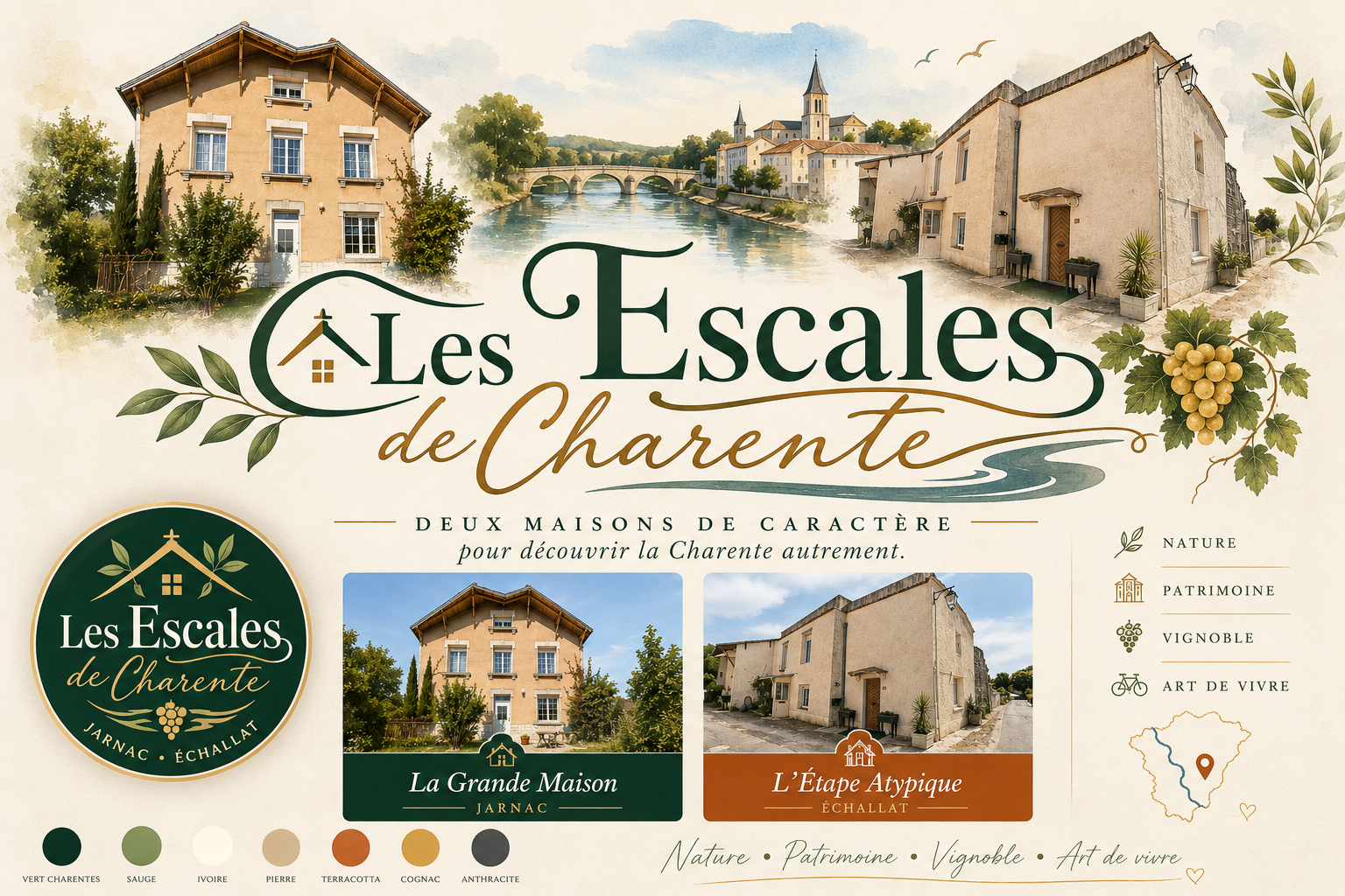 Les Escales de Charente, deux maisons de caractère à Jarnac et Échallat pour découvrir la Charente, son patrimoine, son vignoble et son art de vivre.